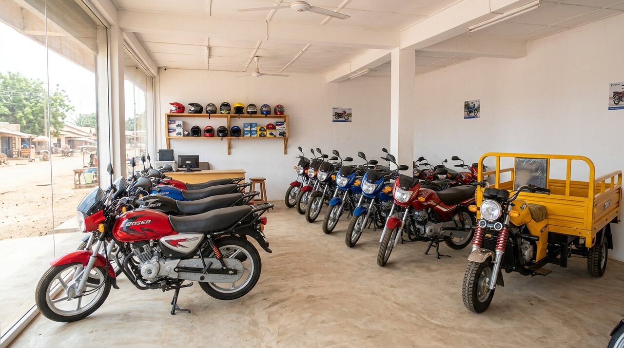 Circle Motors showroom with motorbikes and a yellow tricycle