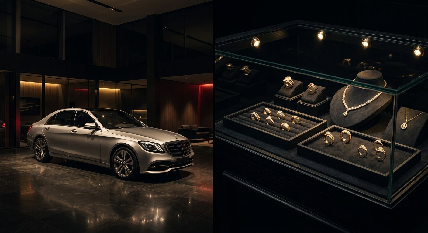 A car showroom and a jewellery display case side by side