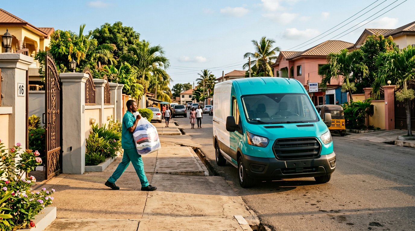 FreshFold pickup van collecting laundry in an Accra neighbourhood