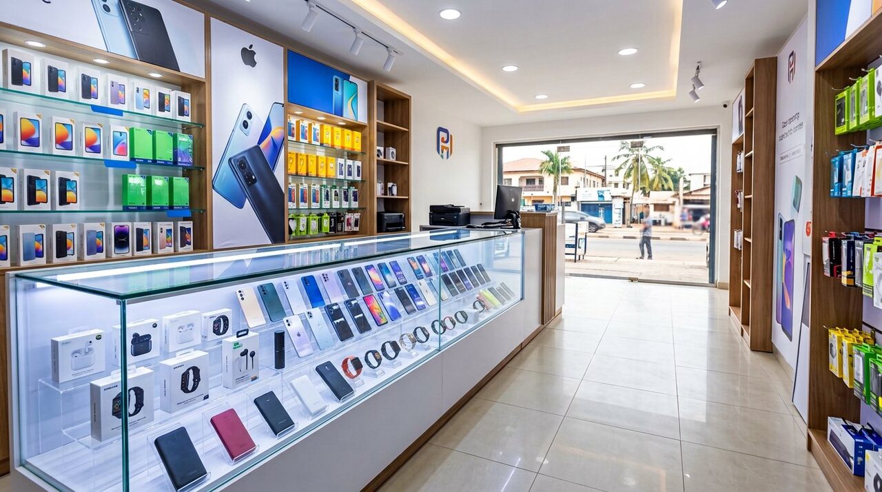 TechHub store counter with phones and gadgets on display