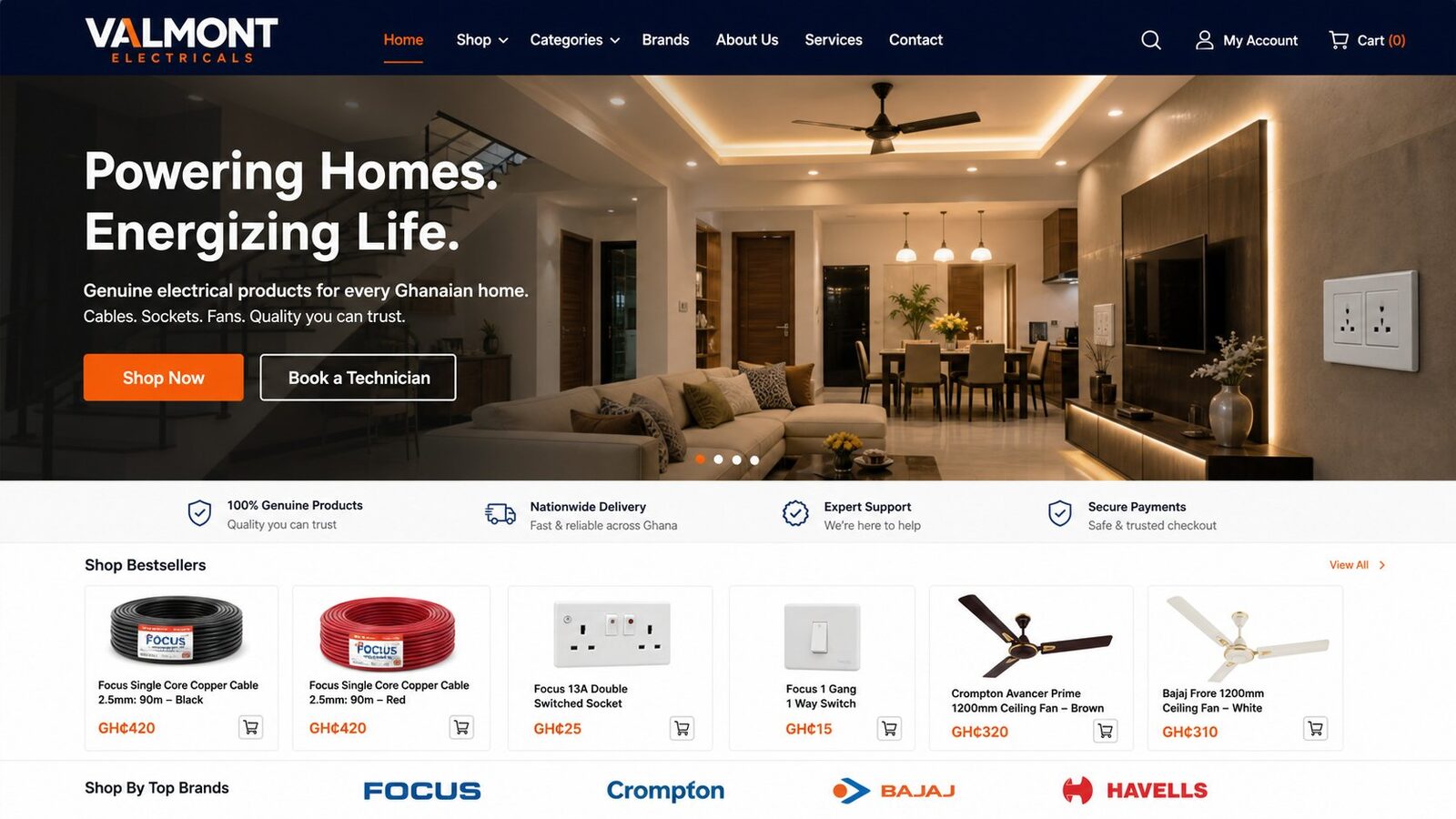 Homepage of the live Valmont Electricals store