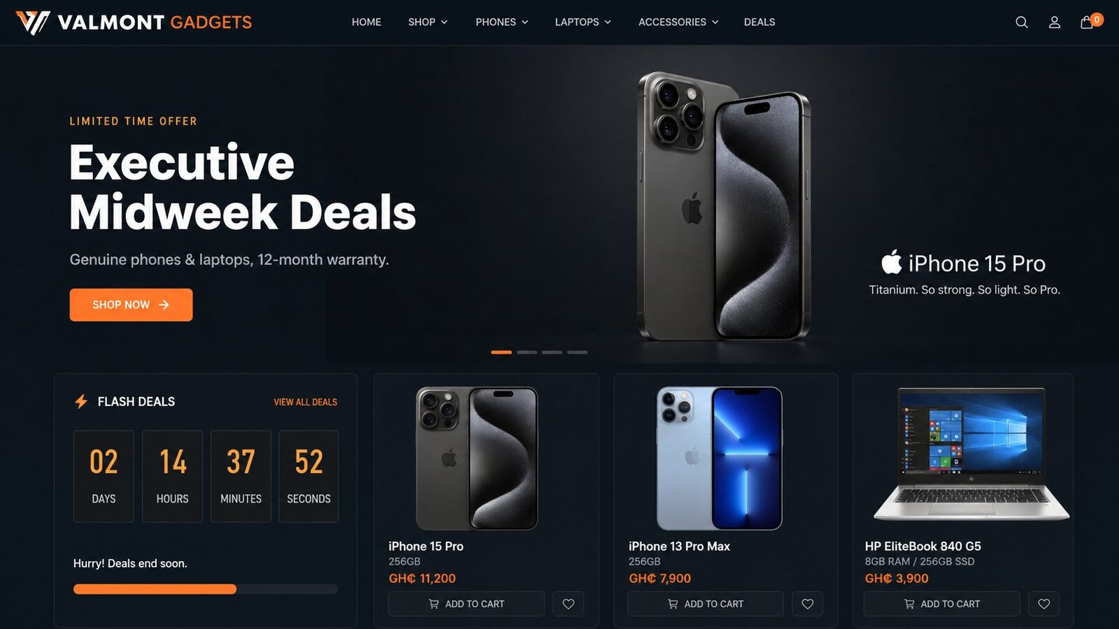 Homepage of the live Valmont Gadgets store