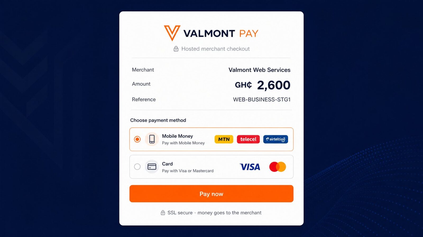 Valmont Pay hosted checkout